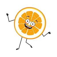 personagem laranja com emoções felizes, rosto, sorriso, olhos, braços e pernas. pessoa de fatia de frutas cítricas com expressão alegre, emoticon de frutas vetor