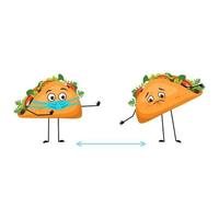 Taco mexicano de personagem fofo com emoções tristes, rosto e máscara mantêm distância, braços e pernas. pessoa de fast food com expressão de pânico, sanduíche com pão achatado. vetor