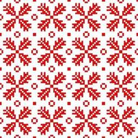 padrão sem emenda abstrato de pixel de natal. flocos de neve vermelhos e árvores de ano novo em bordados escandinavos decorativos. arte de férias vintage com moda de inverno de vetor. vetor