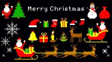 pixel colorido de feliz Natal. alegre papai noel no trenó com presentes. abeto em guirlandas e bolas de vetor