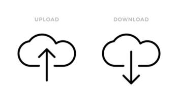 ícones de linha de upload e download pretos. conceito de forma de nuvem e seta. vetor