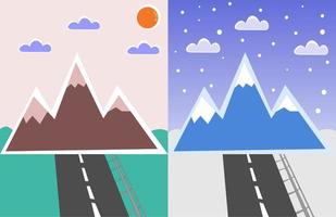 ilustração em vetor de mudança de estações na montanha no verão e no inverno, eps