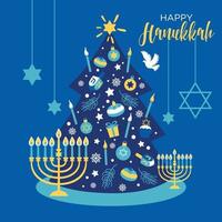 Natal e hanukkah feriado banner desenho com árvore de Natal. ilustração de hanukkah de inverno com velas. vetor