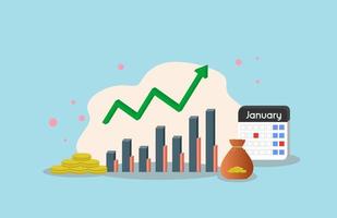 ilustração vetorial gráfico gráfico de melhoria das demonstrações financeiras, plano de negociação, relatório de lucro corporativo, moeda de ícone de melhor negócio, calendário, bolsa do tesouro e ouro vetor