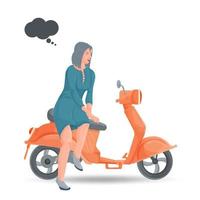 uma ilustração de design plano de uma menina em um vestido azul sentada em uma motocicleta laranja sobre um fundo branco isolado vetor