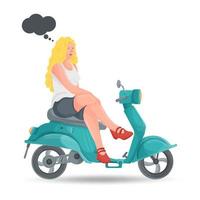 uma ilustração de design plano de uma menina com uma camiseta branca e sapatos vermelhos sentada em uma motocicleta azul sobre um fundo branco isolado vetor