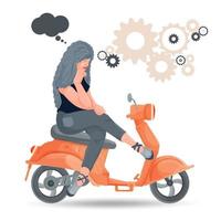 ilustração no estilo de design plano uma garota com cabelo cor de cinza em uma pose pensativa sentada em uma motocicleta laranja sobre um fundo branco isolado vetor