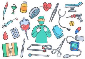 cirurgia médico profissional de saúde empregos ou carreira profissão doodle desenhado à mão coleções definidas com estilo de contorno plano vetor