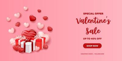 promoção de cartaz de banner com oferta especial de venda do dia dos namorados com caixas de presente e corações realistas 3D vetor