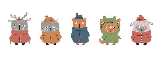coleção de ilustrações de personagens de desenhos animados bonitos para a celebração do Natal e do ano novo. raposa, urso, gato, cordeiro, veado. animais da floresta de inverno em roupas de inverno e chapéu. conjunto de vetores. vetor
