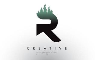ideia de logotipo de letra r criativa com pinheiros. desenho da letra r com pinheiro no topo vetor