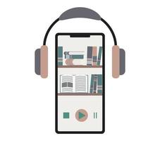 ouça livros de áudio e literatura de negócios com fone de ouvido e celular. fones de ouvido para entretenimento ou transmissão - basta clicar no botão reproduzir para ligar o som. vetor