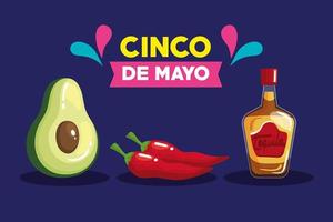 garrafa de tequila mexicana, abacate e pimenta do cinco de mayo, desenho vetorial vetor