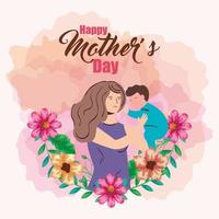 mãe com bebê e flores com folhas de desenho vetorial feliz dia das mães vetor