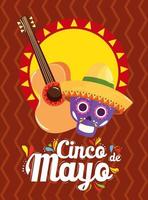 caveira mexicana com chapéu de guitarra e desenho vetorial de sol de cinco de mayo vetor