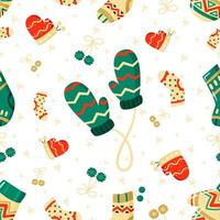 bonito dos desenhos animados luvas e meias padrão sem emenda de inverno. acessórios engraçados de inverno. Feliz Natal e feliz ano novo ilustração em vetor plana.