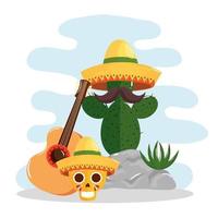 cacto mexicano com chapéu, bigode, crânio e guitarra, desenho vetorial vetor