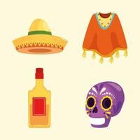 desenho vetorial de chapéu e poncho de garrafa de tequila caveira mexicana vetor