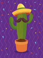 cacto mexicano com desenho vetorial de chapéu e bigode