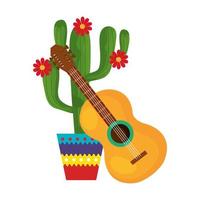 cacto mexicano isolado com flores e desenho vetorial de guitarra