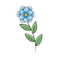 flor fofa azul com ícone isolado de ramos e folhas vetor