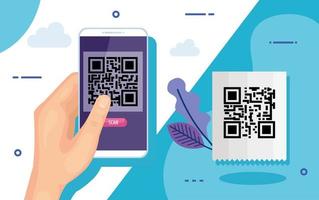 mão usando smartphone com código de digitalização qr vetor