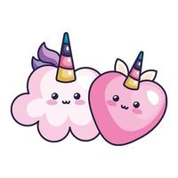 Nuvem fofa com ícone de estilo kawaii de unicórnio de coração vetor