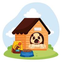 cachorro fofo em casa de madeira e comida vetor