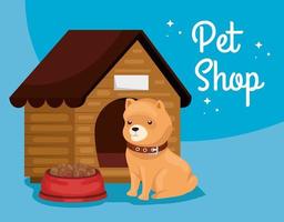 pet shop veterinário com cachorro e casa de madeira vetor