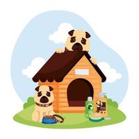cachorros fofos em casa de madeira e ícones vetor