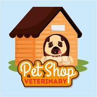 pet shop veterinário com cachorro fofo em casa de madeira vetor