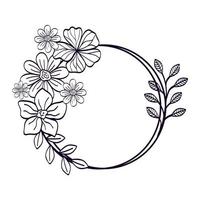 moldura circular de flores com estilo de linha de ramos e folhas vetor