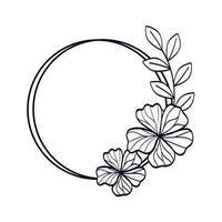 moldura circular de flores com estilo de linha de ramos e folhas vetor