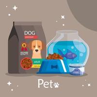 pet shop com bolsa de comida para cachorro e ícones vetor