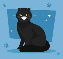 gato fofo preto em fundo azul com pegadas vetor