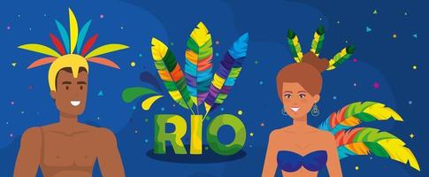 cartaz carnaval do rio com casal dançarina exótica e decoração vetor