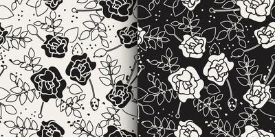 padrão sem emenda de botânica floral. desenho preto e branco de flores rosas com folhas. ilustração botânica da arte elegante linha preto e branco. vetor