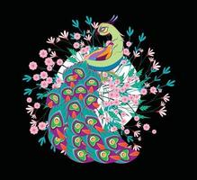 O design da ilustração do pavão para sukajan é um pano tradicional do Japão ou uma camiseta com bordado digital desenhado à mão. vetor