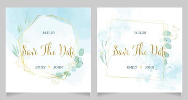 convite de casamento em aquarela azul com layout de modelo de grinalda de moldura dourada vetor