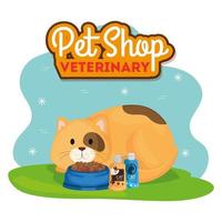 veterinário de pet shop com gato e ícones vetor