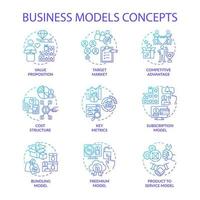 modelos de negócios conjunto de ícones de conceito de gradiente azul. proposição de valor. mercado alvo. vantagem competitiva. ilustrações coloridas de linha fina de ideia de empresa. desenhos de contorno de vetor isolado