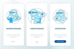 problemas oculares para tratar com a tela da página do aplicativo móvel de integração a laser. cirurgia ocular passo a passo 3 etapas instruções gráficas com conceitos. modelo de vetor ui, ux, gui com ilustrações coloridas lineares