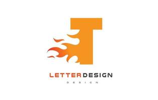design do logotipo da chama da letra t. conceito de rotulação do logotipo de fogo. vetor