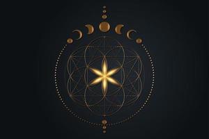 flor mística da vida e fases da lua, geometria sagrada. semente de ouro da vida. símbolo pagão da deusa wiccan, antigo banner dourado da wicca, círculos de energia, vetor de estilo boho isolado no fundo preto