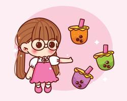 linda garota barista e bolha de chá com leite saboroso café smoothie de taiwanês logo desenho animado ilustração da arte desenhada à mão vetor