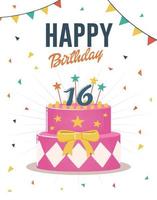 pôster de saudação e convite de aniversário com doce ilustração de bolo de aniversário de 16 anos vetor
