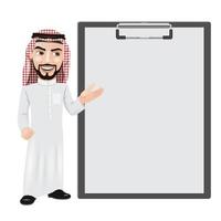 homem árabe com papel em branco em uma prancheta vetor