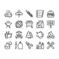 conjunto simples de ícones de linha de vetor relacionados a churrasco. contém ícones como bife, costelas, fogueira, gás e muito mais.
