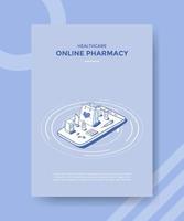 conceito de comércio eletrônico de farmácia on-line para banner e folheto de modelo com estilo de contorno isométrico vetor