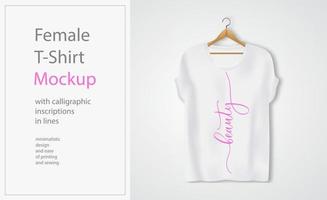 maquete de t-shirt branca feminina com beleza de inscrição caligráfica em linhas. vetor